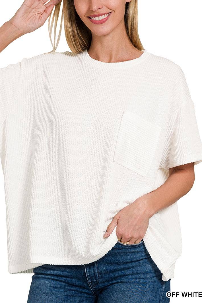 Corded Rib Short Sleeve Front Pocket Top: Off White