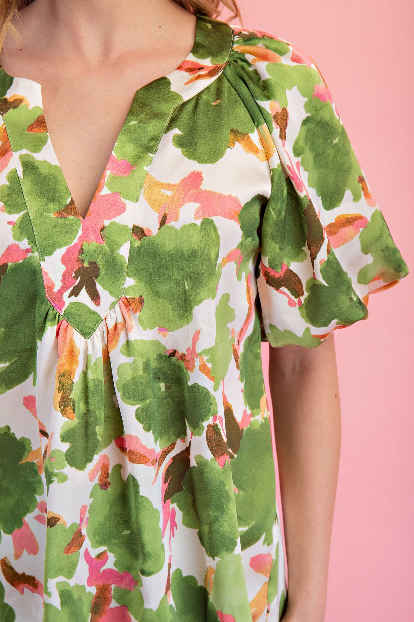 Green Floral Balloon Sleeve Top