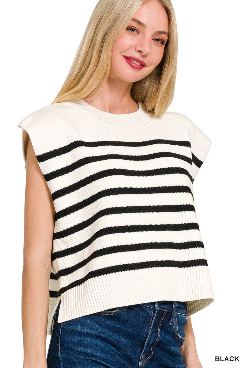 Oversized Crew Neck Stripe Sweater Vest: BLACK