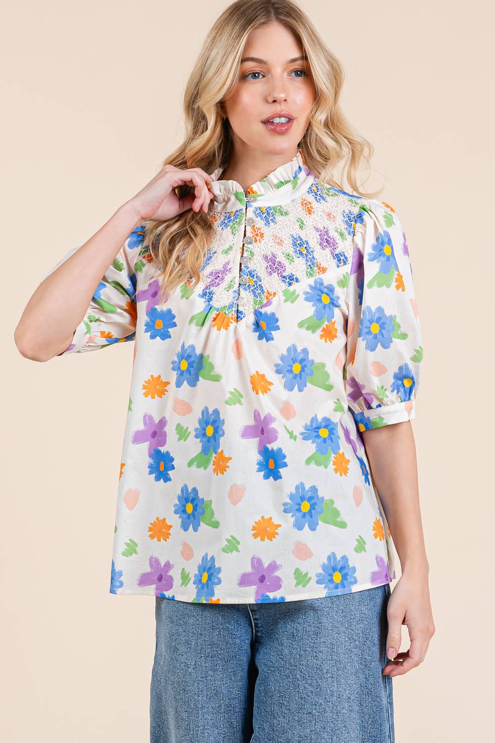 Floral Half Button-Up Blouse