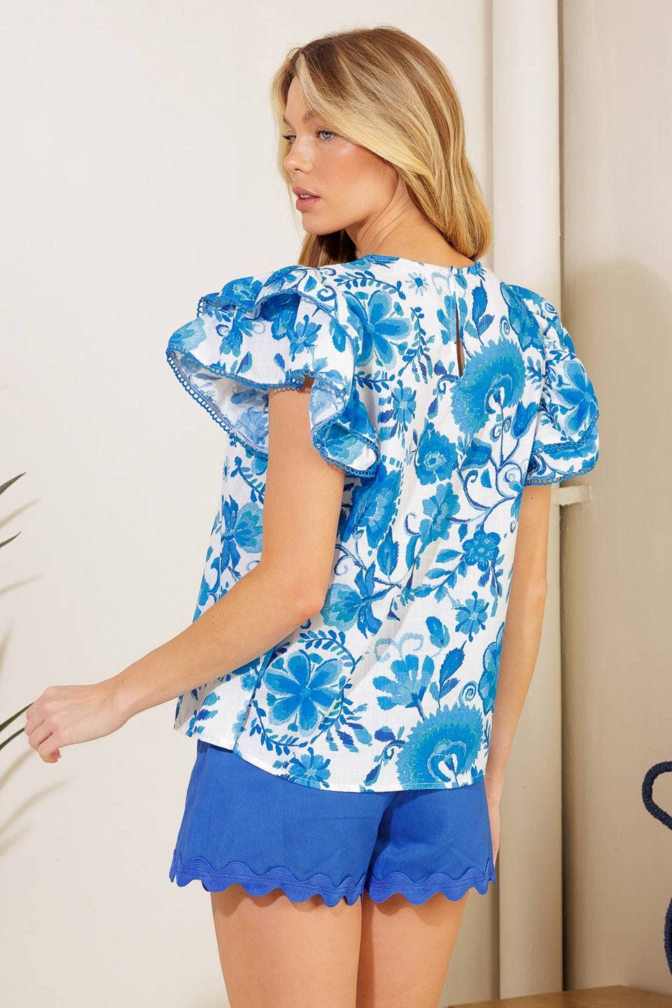 Blue and White Floral Ruffle Top