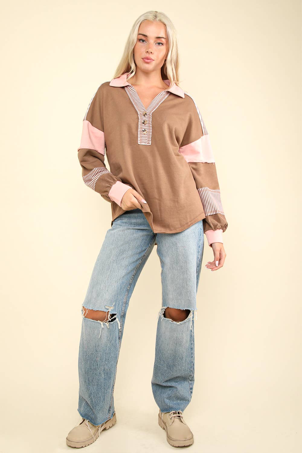 Mocha Color Block Oversized Casual Knit Top