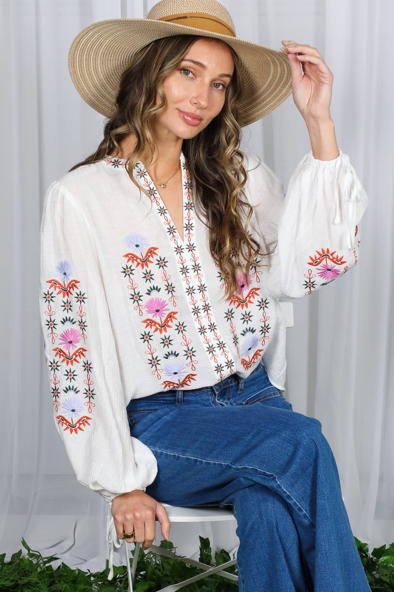 White Embroidered Long Puff Blouse