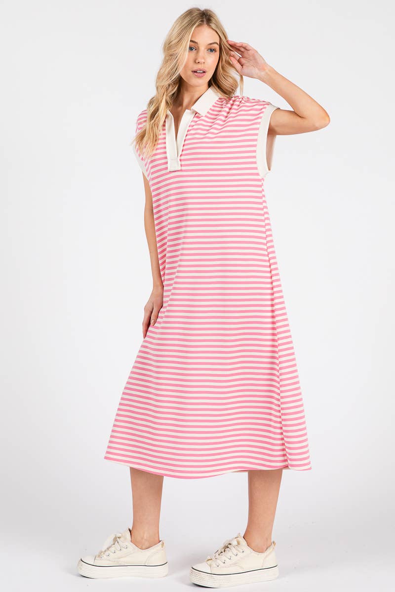 Pink Striped Relaxed Fit Midi Dress