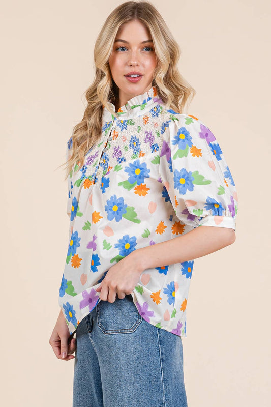 Floral Half Button-Up Blouse