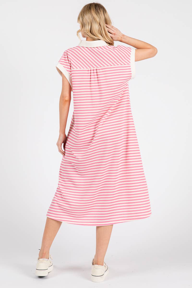Pink Striped Relaxed Fit Midi Dress