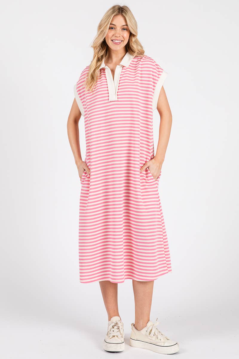 Pink Striped Relaxed Fit Midi Dress