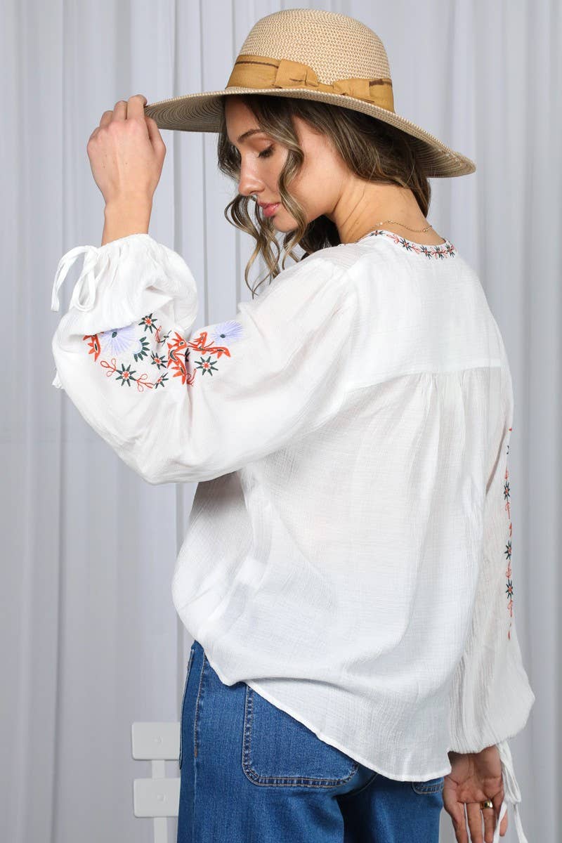 White Embroidered Long Puff Blouse