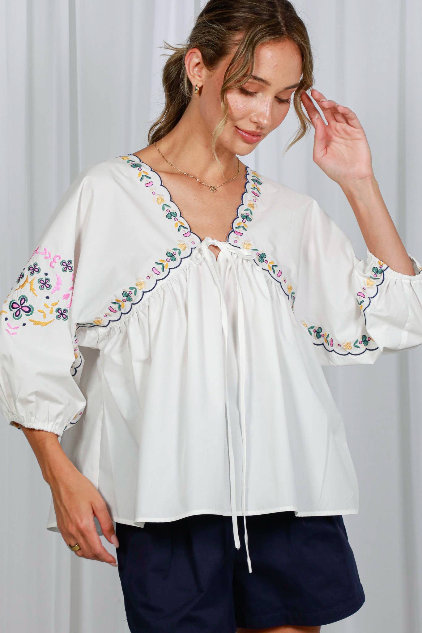 V-Neck Tie Front Floral Embroidered Boho Blouse