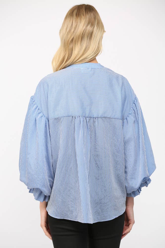Pinstripe Bubble Sleeve Blouse