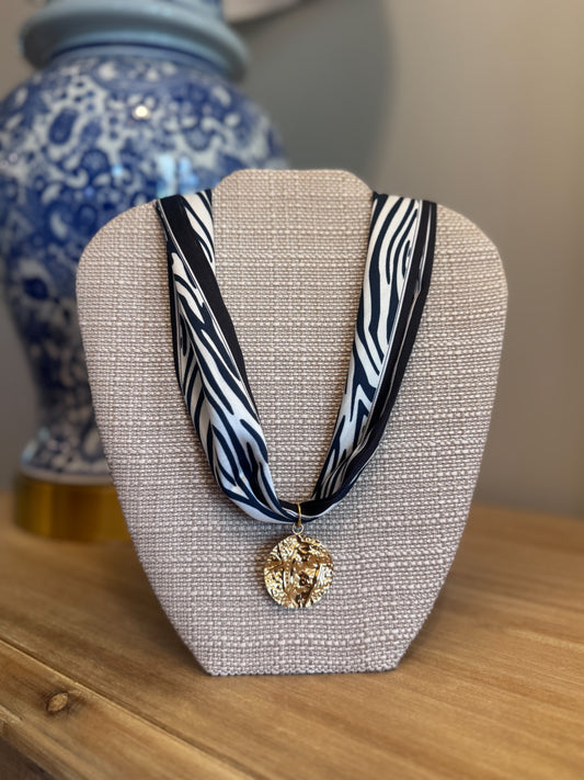 Black/White Gold Charm Scarf Necklace