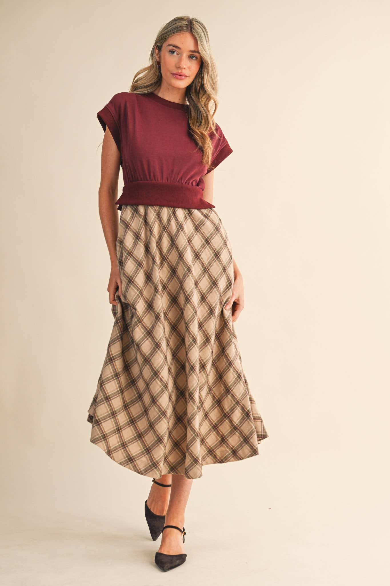 Brown Plaid Midi Dress