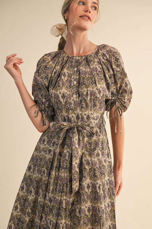 Olive Floral Belted Midi