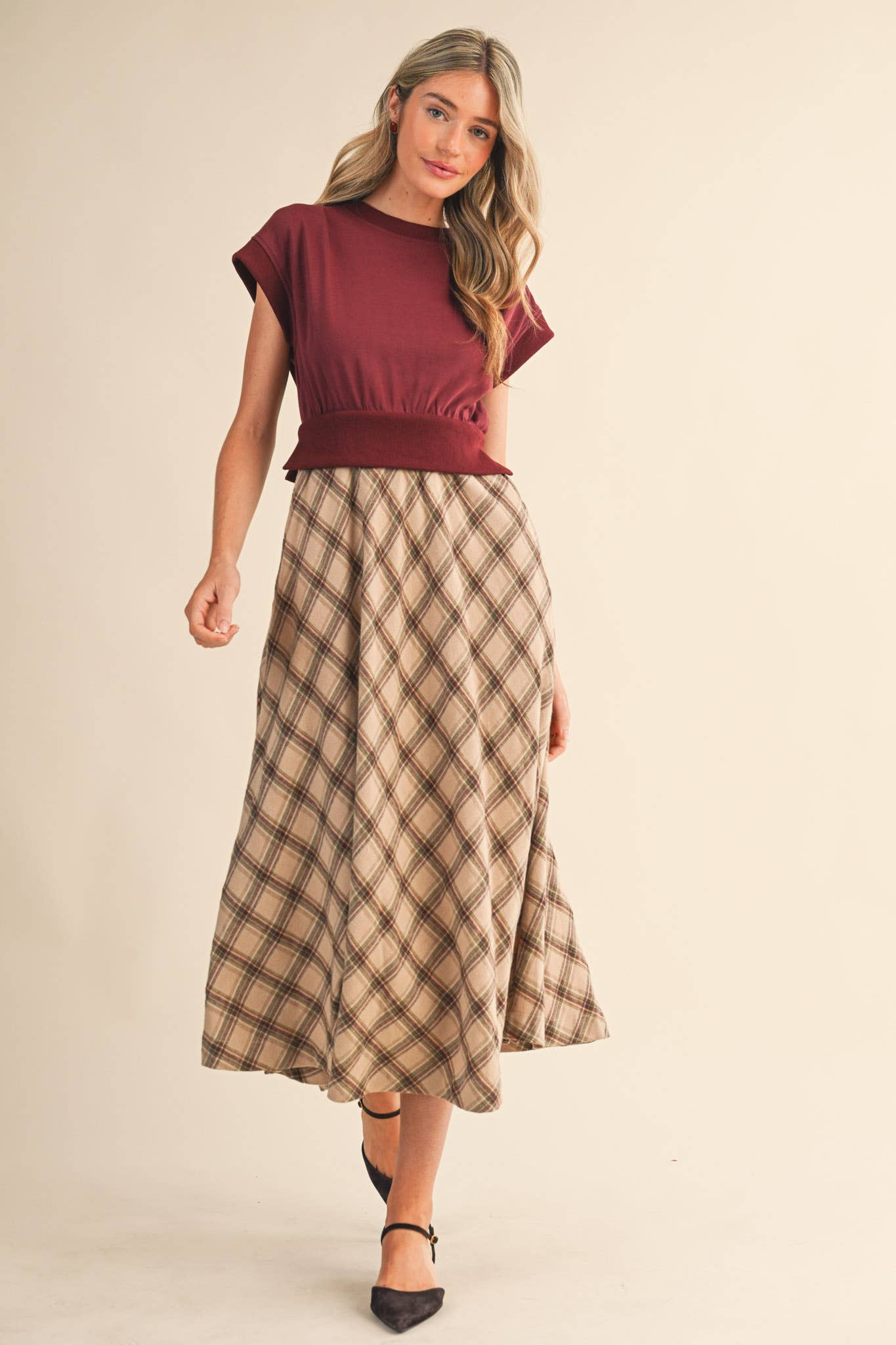 Brown Plaid Midi Dress