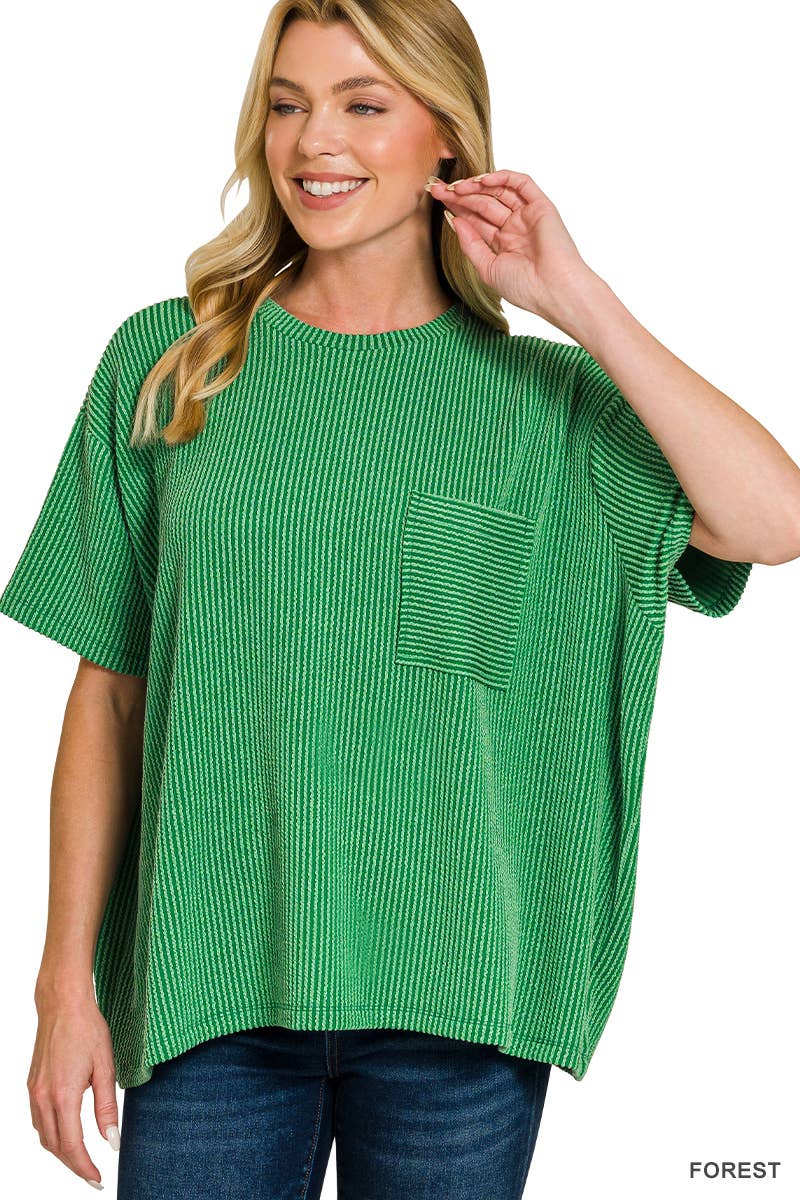 Corded Short Sleeve Front Pocket Top