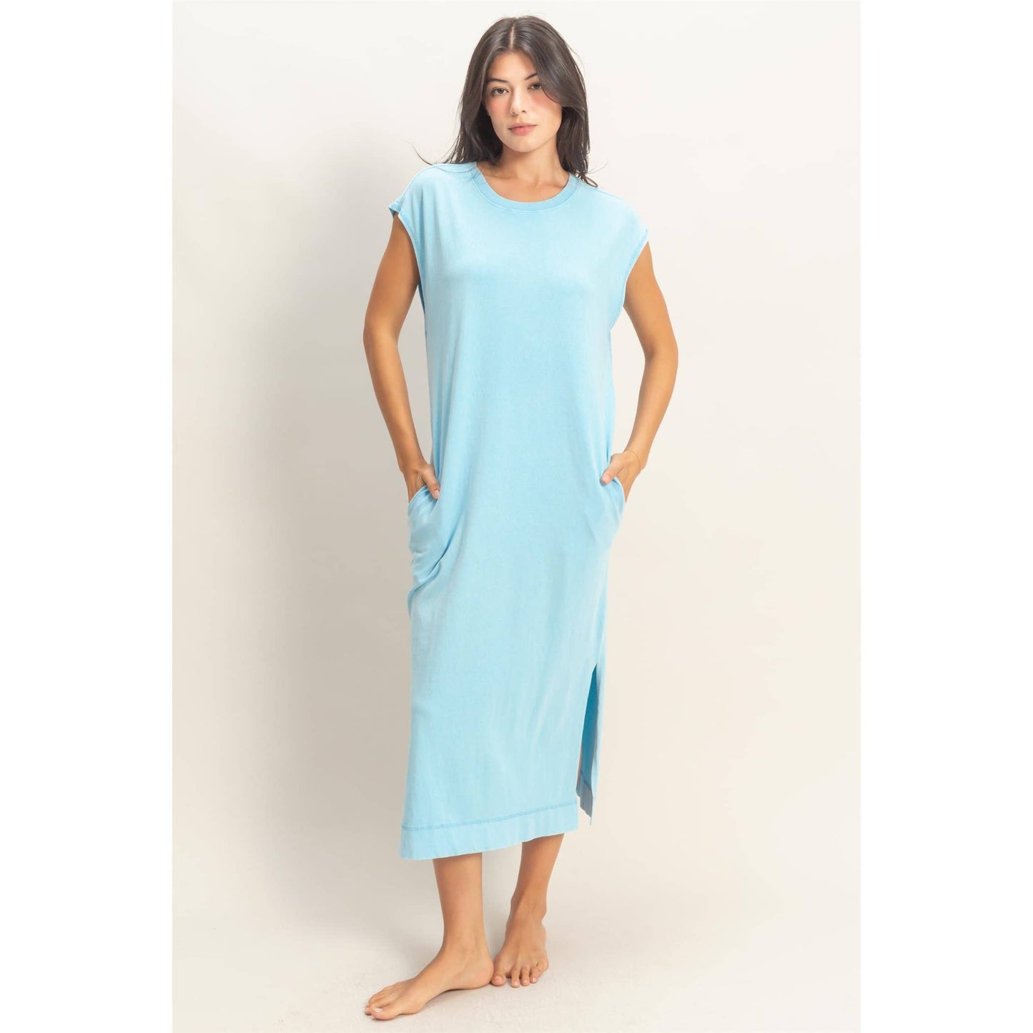 Blue Mineral Wash Midi Dress