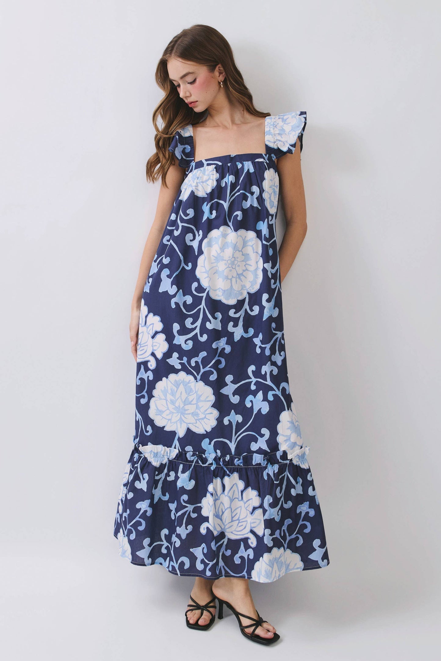 Blue Floral Ruffle Sleeve Maxi Dress