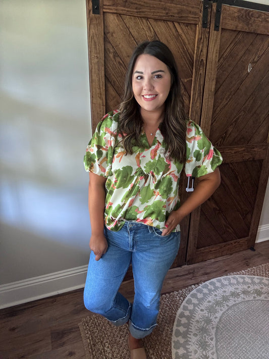 Green Floral Balloon Sleeve Top