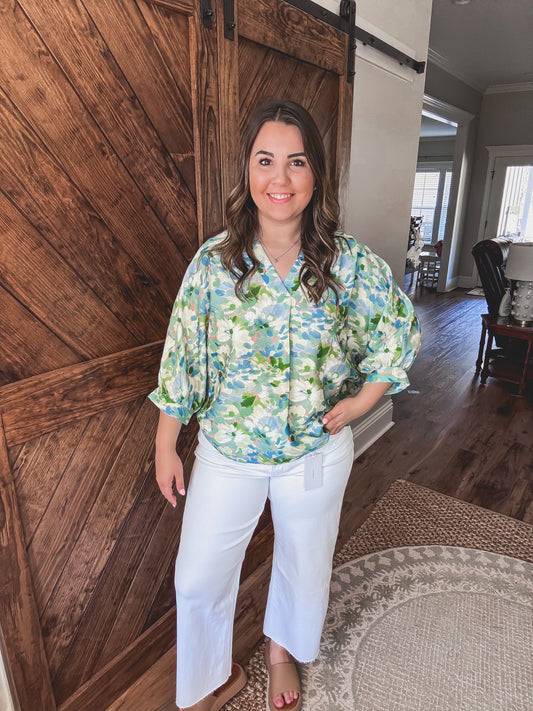 Teal Floral Print V-neck Blouse
