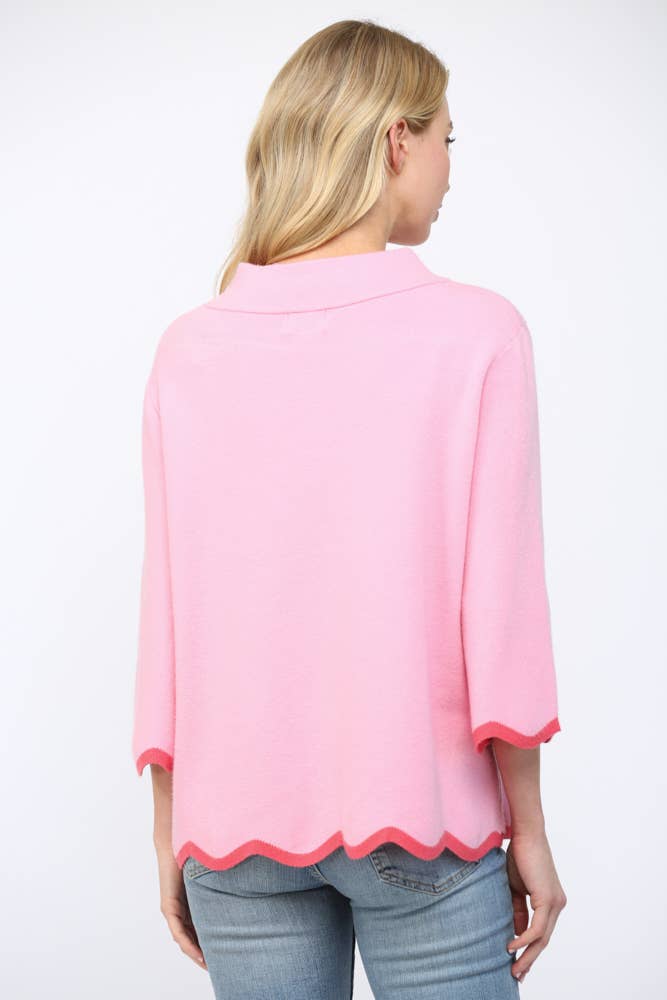 Pink Scallop Mock Neck Sweater