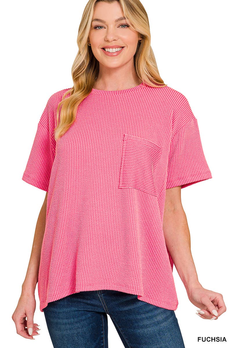 Corded Short Sleeve Front Pocket Top