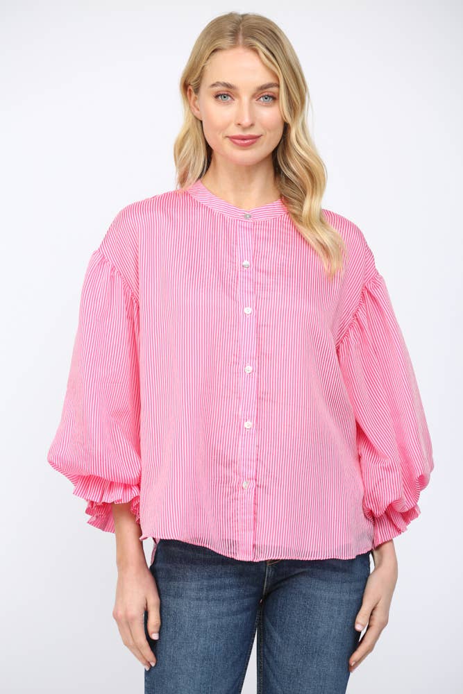 Pinstripe Bubble Sleeve Blouse