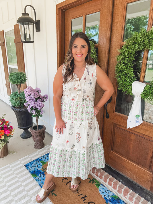 Garden Party Cream Floral Ruffle Midi