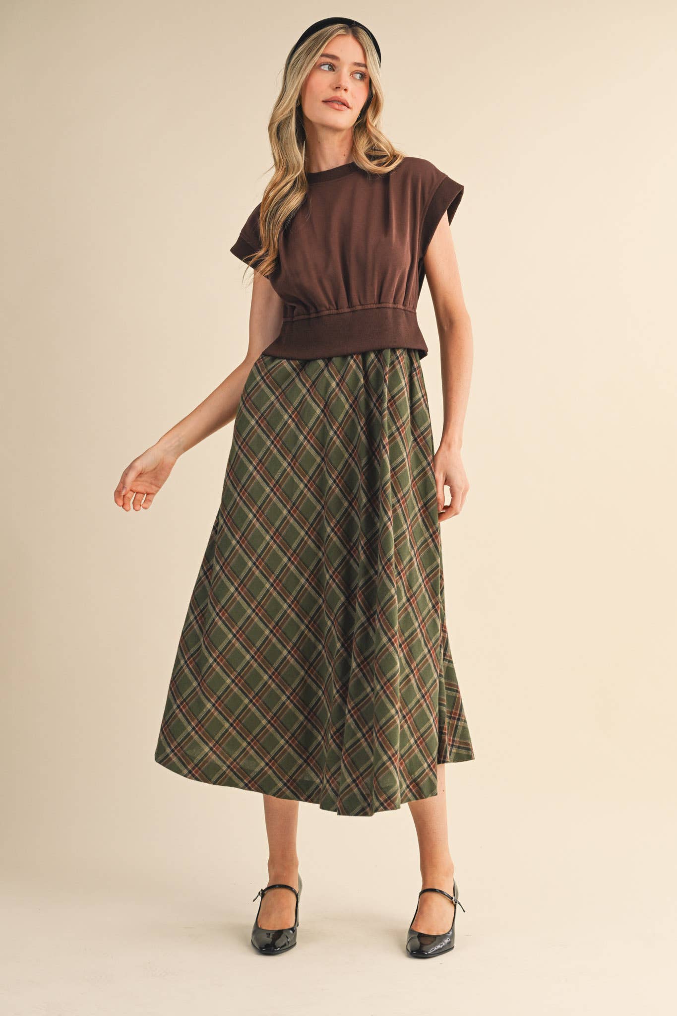 Brown Plaid Midi Dress