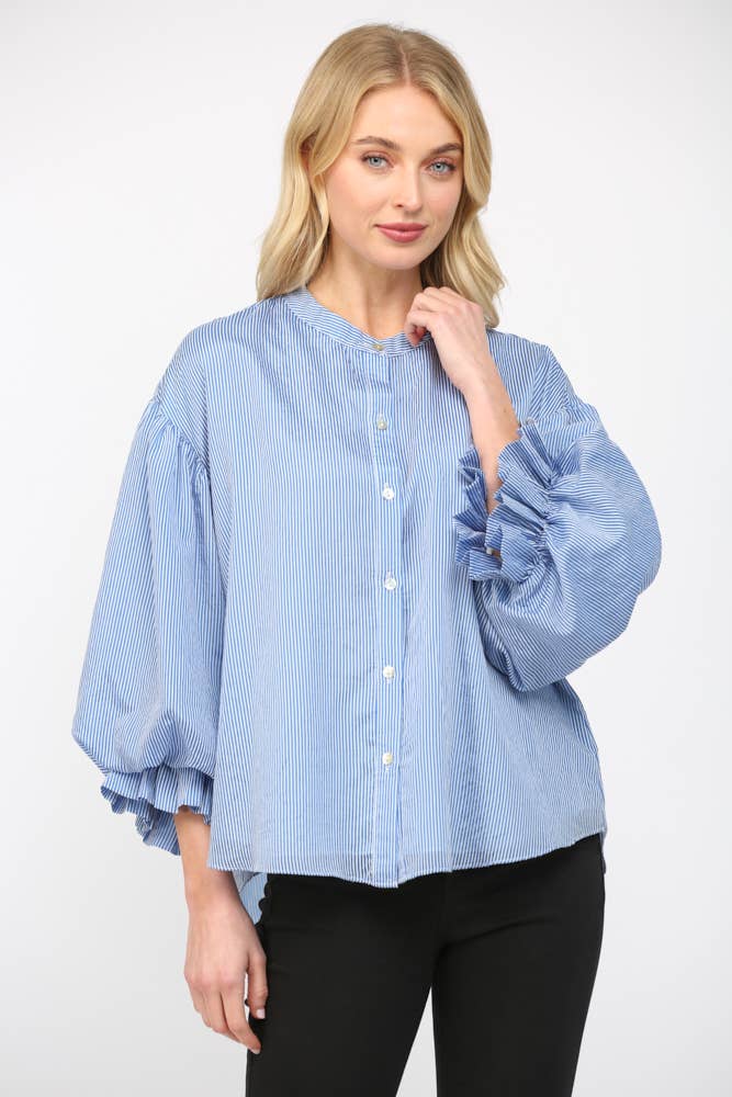 Pinstripe Bubble Sleeve Blouse