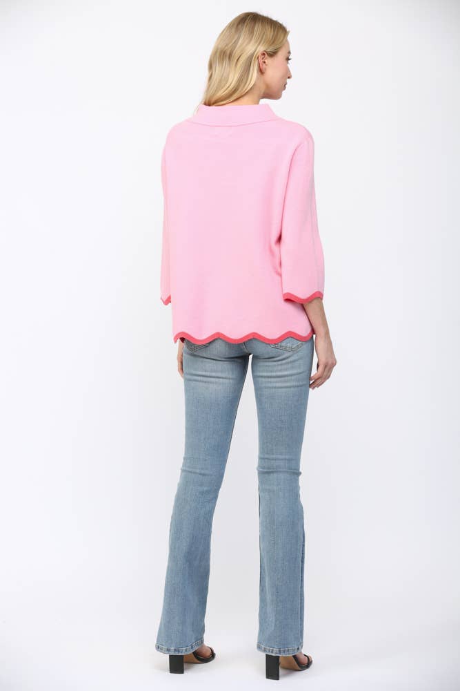 Pink Scallop Mock Neck Sweater