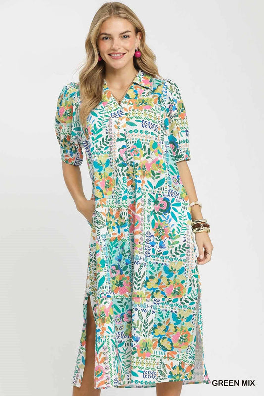 Teal Mix Print Midi Dress