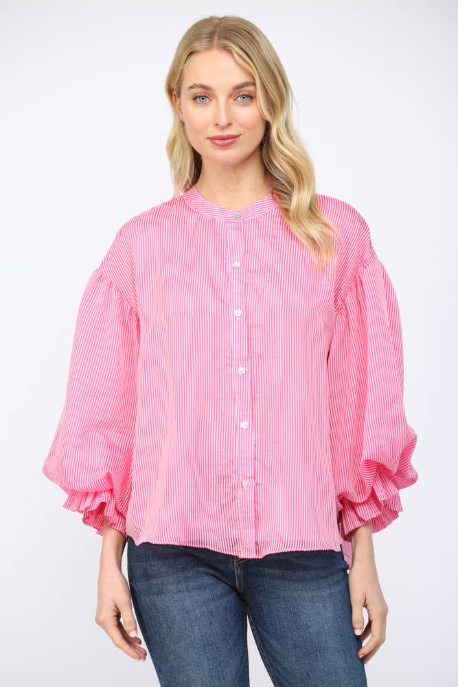 Pinstripe Bubble Sleeve Blouse