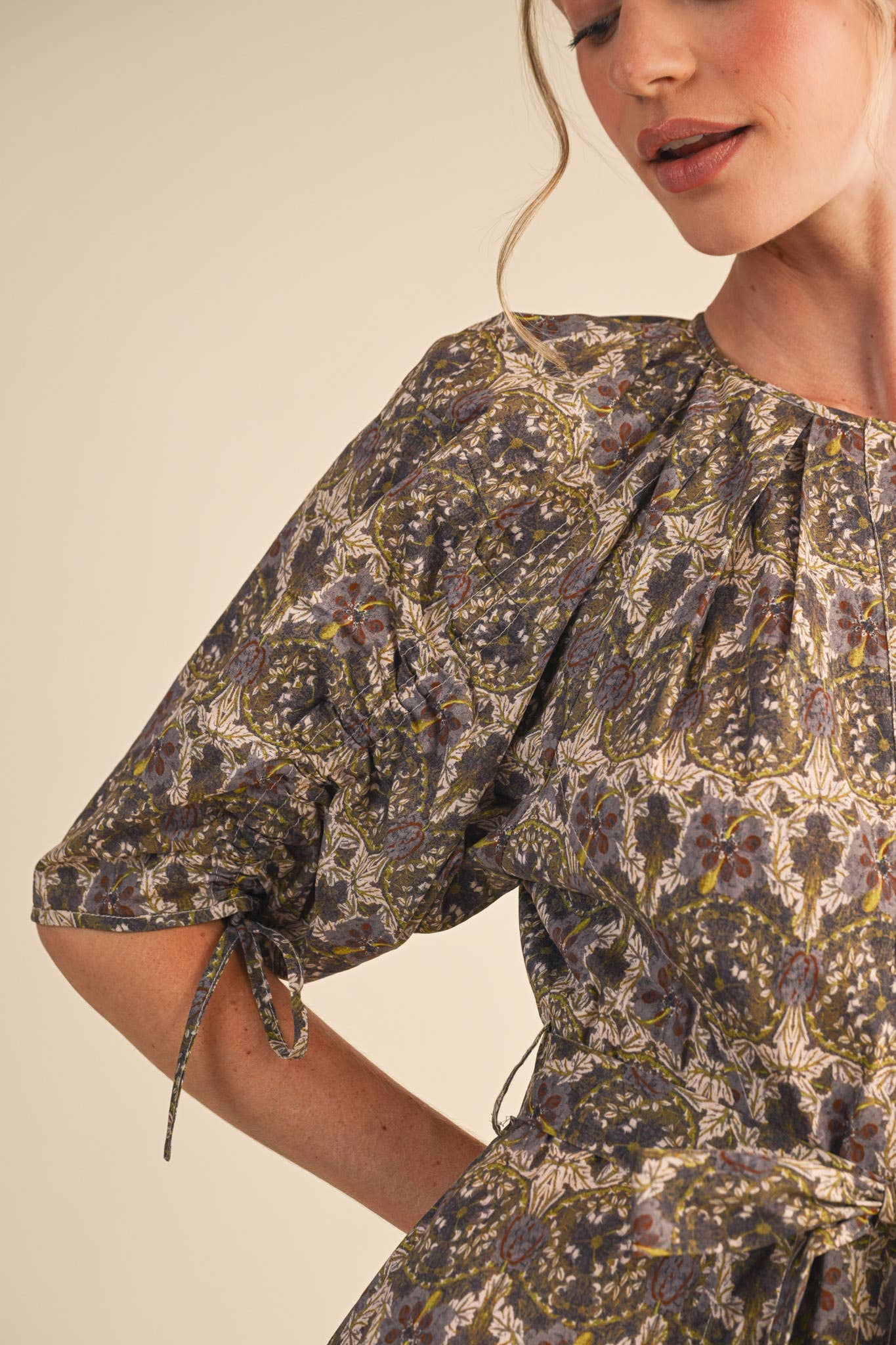 Olive Floral Belted Midi