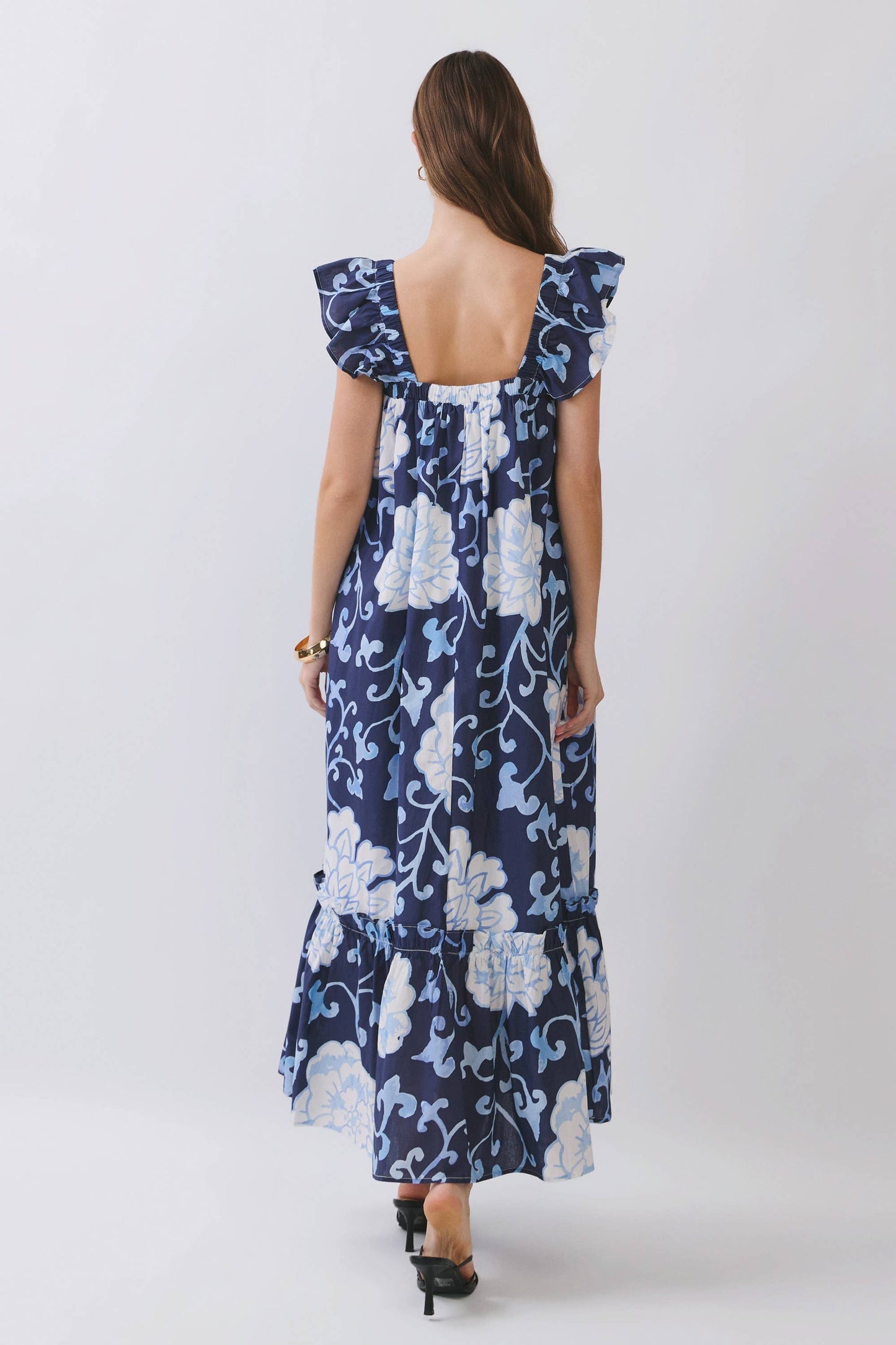Blue Floral Ruffle Sleeve Maxi Dress