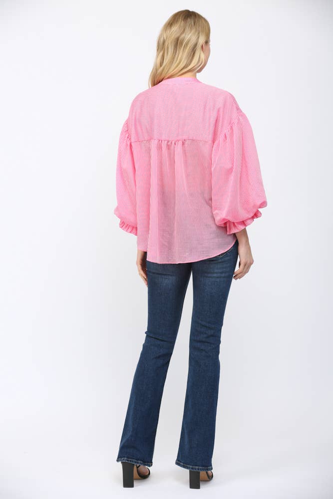 Pinstripe Bubble Sleeve Blouse