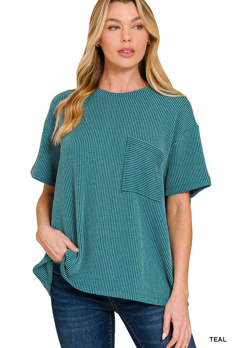 Corded Short Sleeve Front Pocket Top