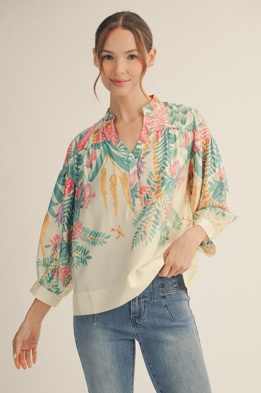 Flower & Leaf Print Satin Top