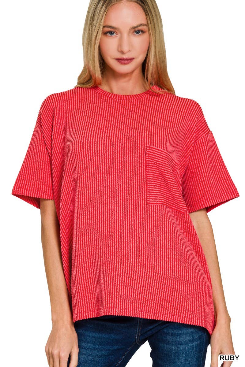 Corded Short Sleeve Front Pocket Top