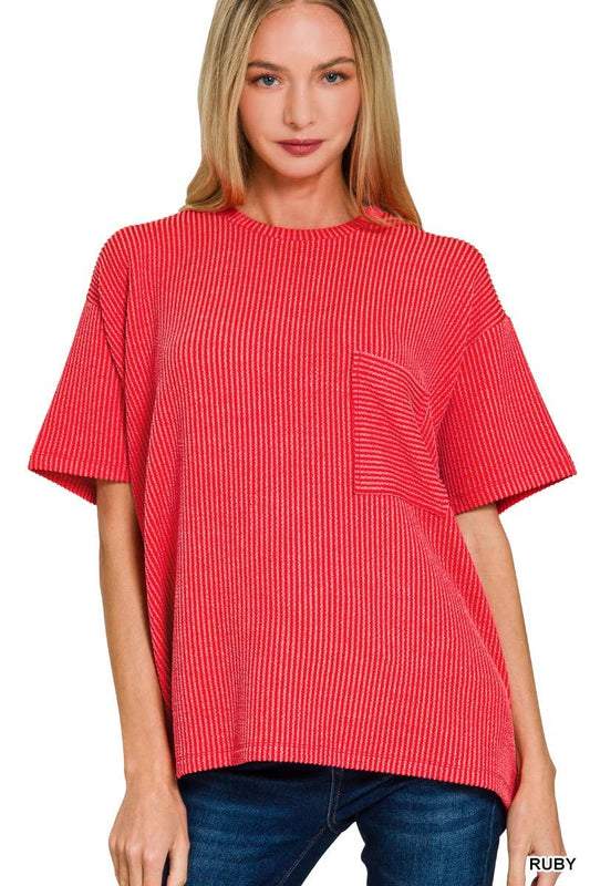 Corded Short Sleeve Front Pocket Top