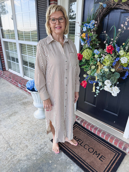 Brown Striped Long Sleeve Dress