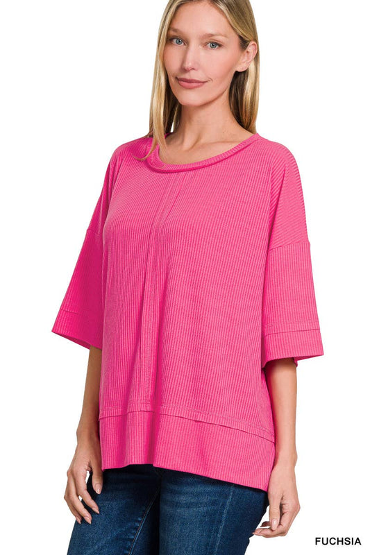 Ribbed Boat Neck 3/4 Sleeve Top Fuchsia