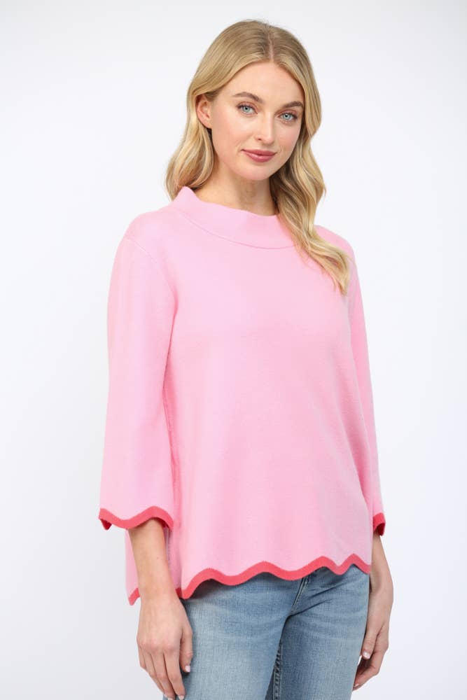 Pink Scallop Mock Neck Sweater