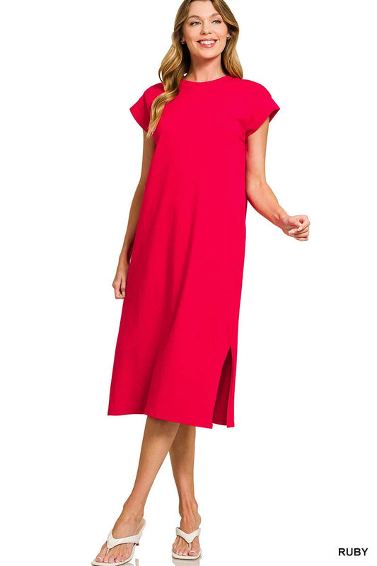 Round Neck Short Sleeve Midi Dress: RED