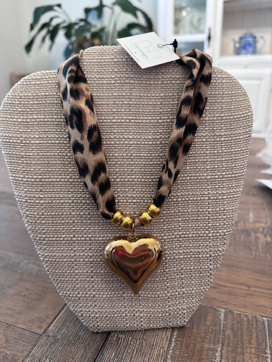 Leopard Puff Heart Scarf Necklace