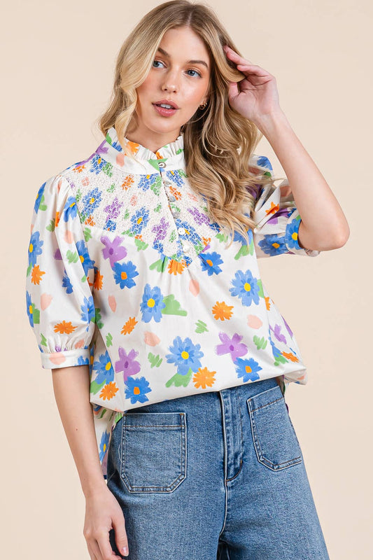 Floral Half Button-Up Blouse
