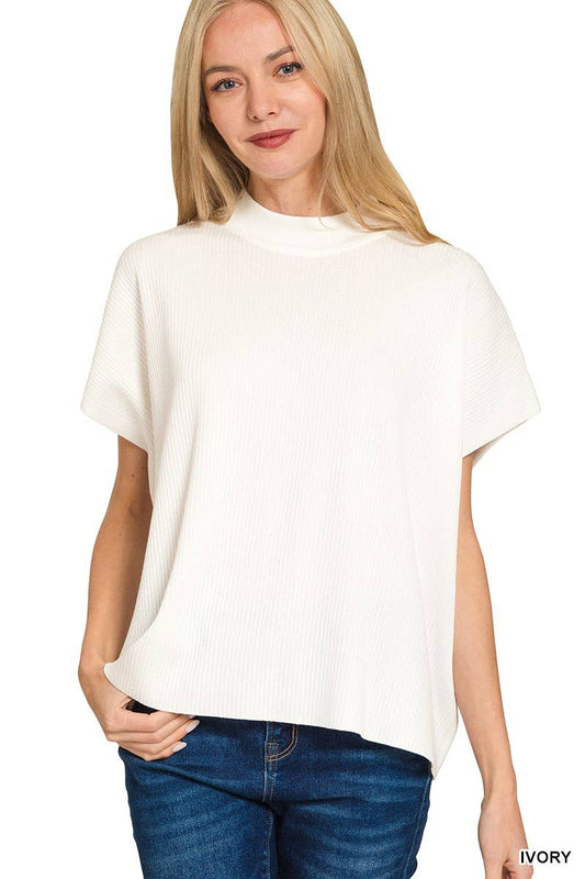 Mock Neck Short Sleeve Sweater: IVORY