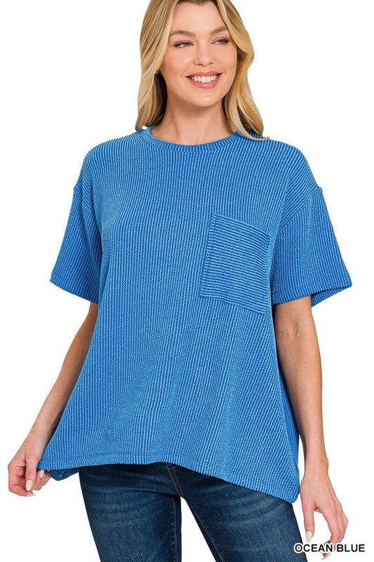Corded Short Sleeve Front Pocket Top