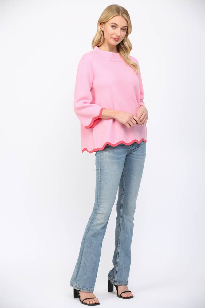 Pink Scallop Mock Neck Sweater