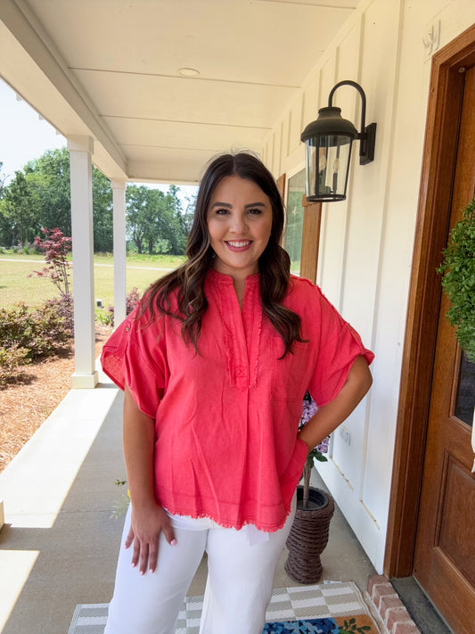 Coral Linen Top