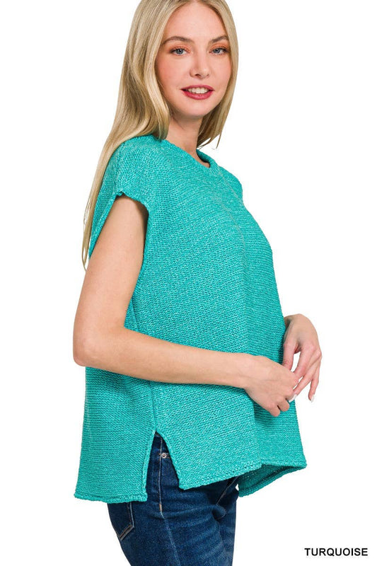 Oversized Crew Neck Sweater Vest: TURQUOISE